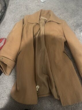 Michael Kors Camel Zip-Front Wool Blend Pea Coat